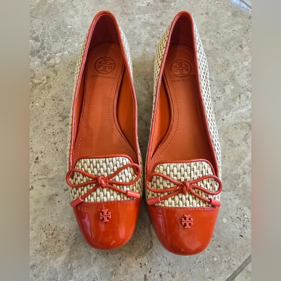 Tory Burch Shoes - TORY BURCH Catherine orange patent with raffia smoking slippers flats shoes 5